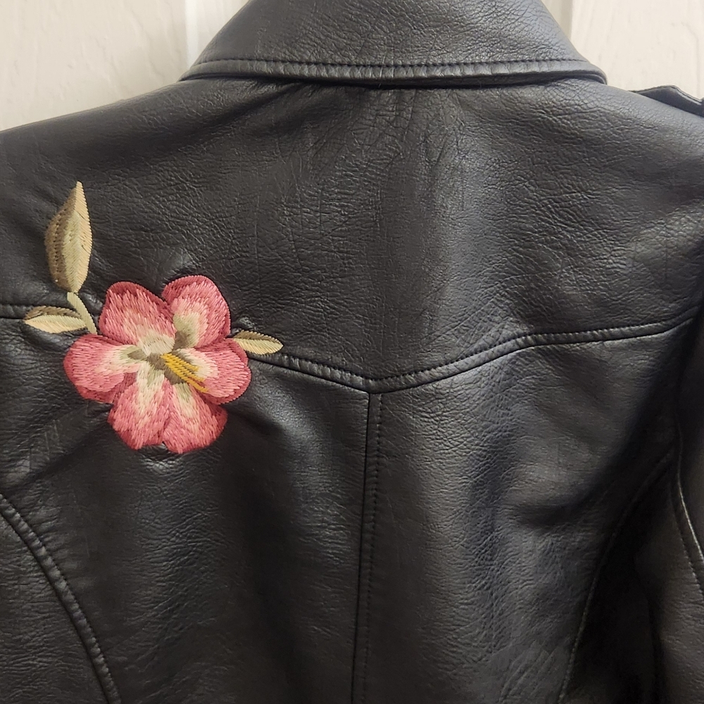 Jessica Simpson Black Leather Jacket with Pink Floral Embroidery - Picture 4 of 9